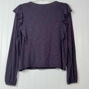 Garnet Hill Reia Ruffle Shoulder Top Women's Large Nightshade Purple Long Sleeve